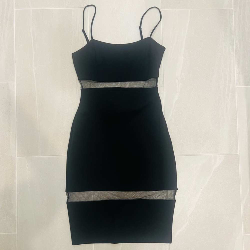 Lulu’s black bodycon midi dress with mesh inlays. Size S. Lightly worn!